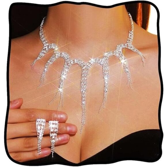 Rhinestone Necklace and Earrings Prom Bridal Wedding Jewelry Sets - Picture 7 of 7